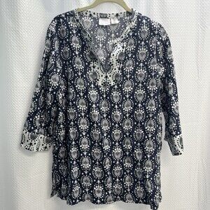 Sigrid Olsen 100% Linen Blue White Batik Print 3/4 Bell Sleeve Boho‎ Top Medium